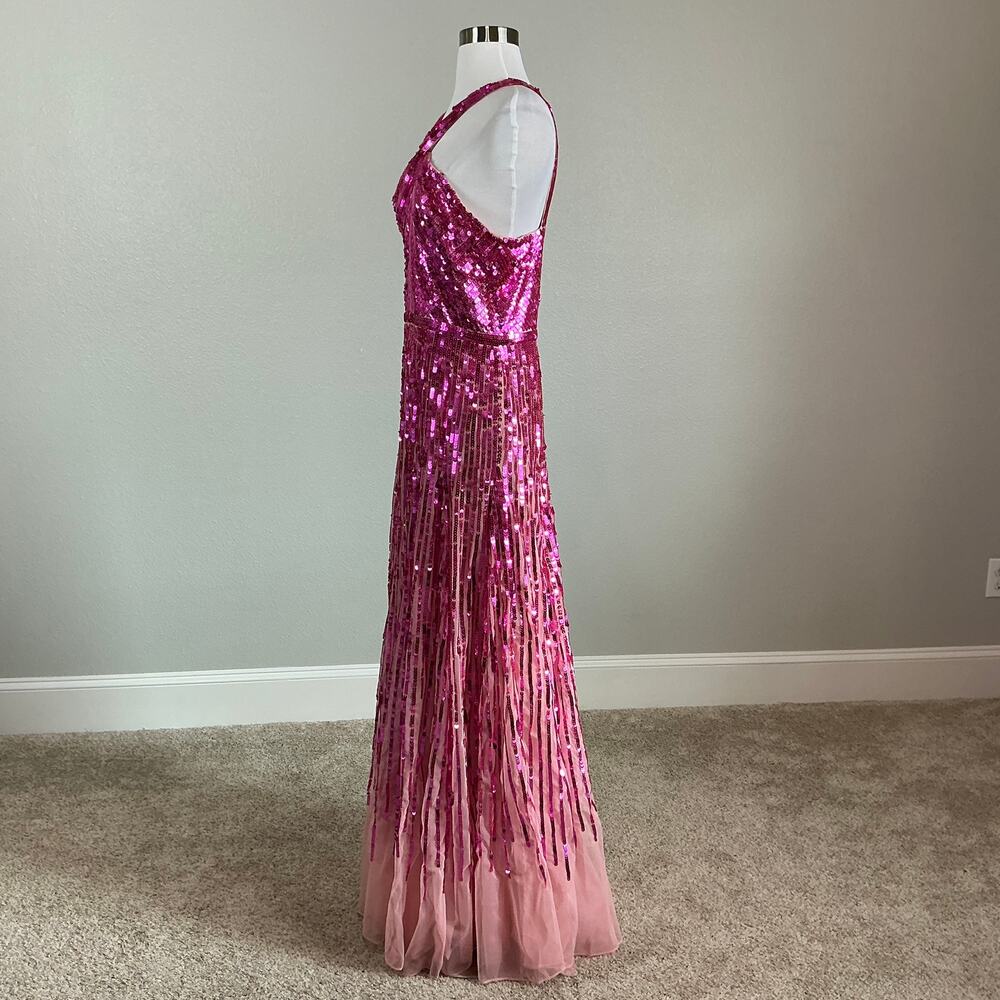 Mac Duggal 93961 Hot Pink Evening Gown Sequined Tulle Halter A-Line Dress Size 8 - Picture 7 of 12